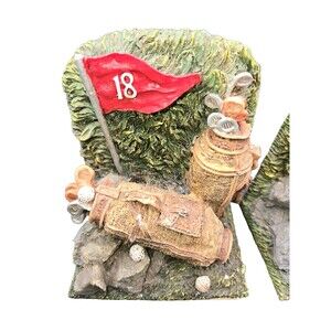 Golf Theme Bookends 18th hole, Flag, Golf Bags Felt Bottom Library VTG Set Of 2